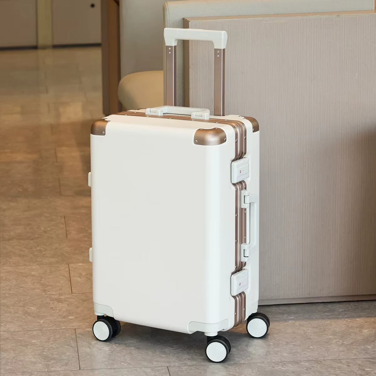 Cream White Aluminum-Magnesium Frame 20 Inch Hard Shell Suitcase